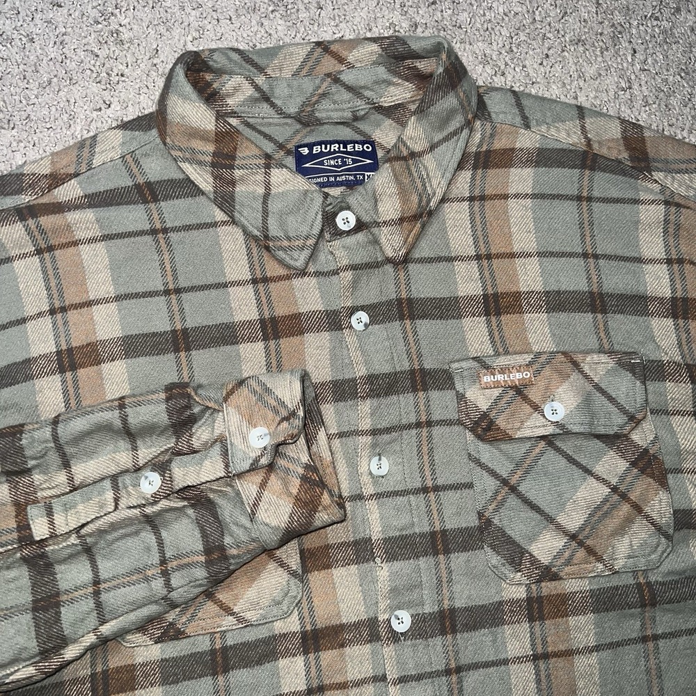 BURLEBO Timber Creek Flannel Shirt‎ Men XL Button Up Brown Plaid Heavyweight